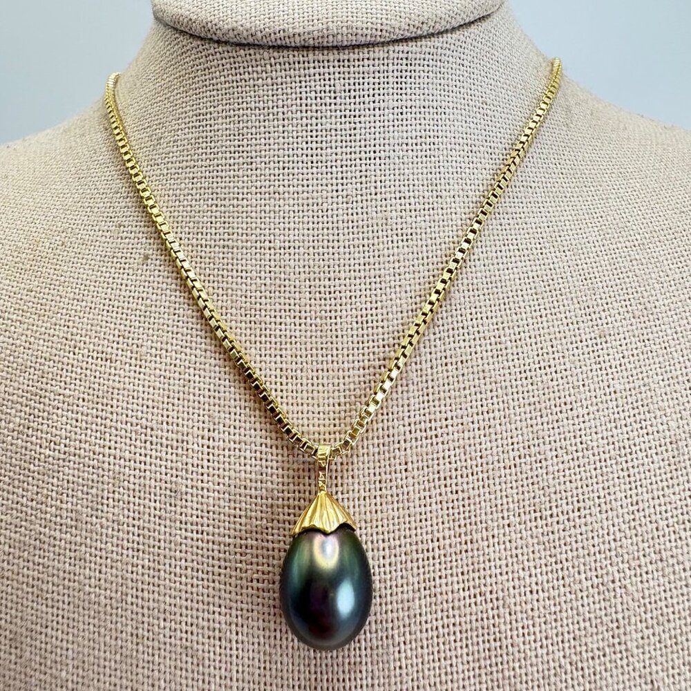 14Kt Y Gold Black Cultured Pearl Teardrop Pendant Gold Over Sterling 18" Chain